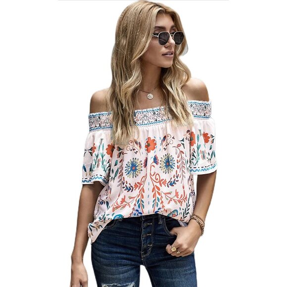 ๐ 2/$20 ๐ Off Shoulder Elbow Length Sleeve Boho Floral Blouse sz XS - Picture 1 of 6